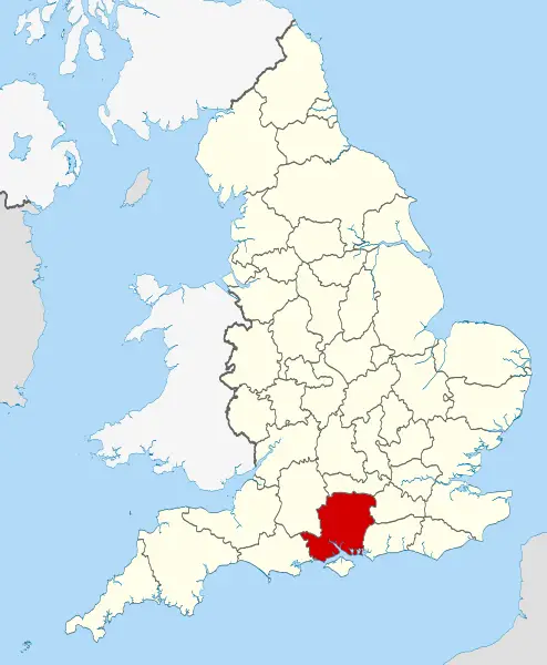This map shows where Hampshire County in England is located indicated in Red