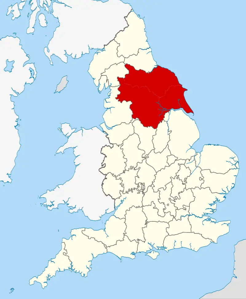 A picture that indicates where Yorkshire County in Northern England is located