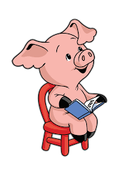 An animated piglet reading children's literature while sitting on a small red chair