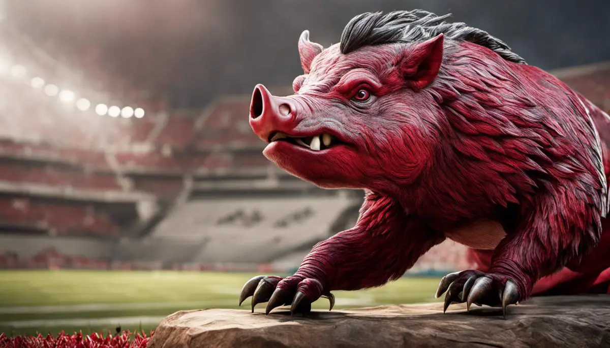 A fierce-looking Razorback mascot, with sharp tusks, representing the University of Arkansas's fighting spirit and determination